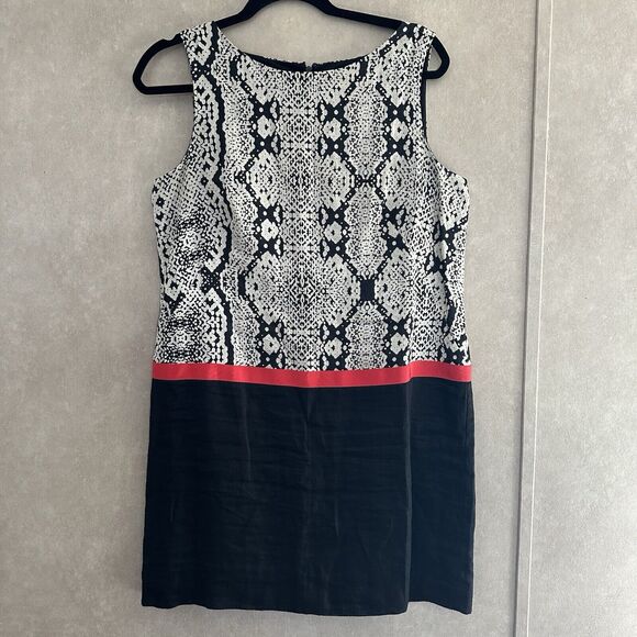 Ann Taylor LOFT Shift Dress Sz 8 100% Linen Black Tan Red Sleeveless Lined Midi - Picture 1 of 9